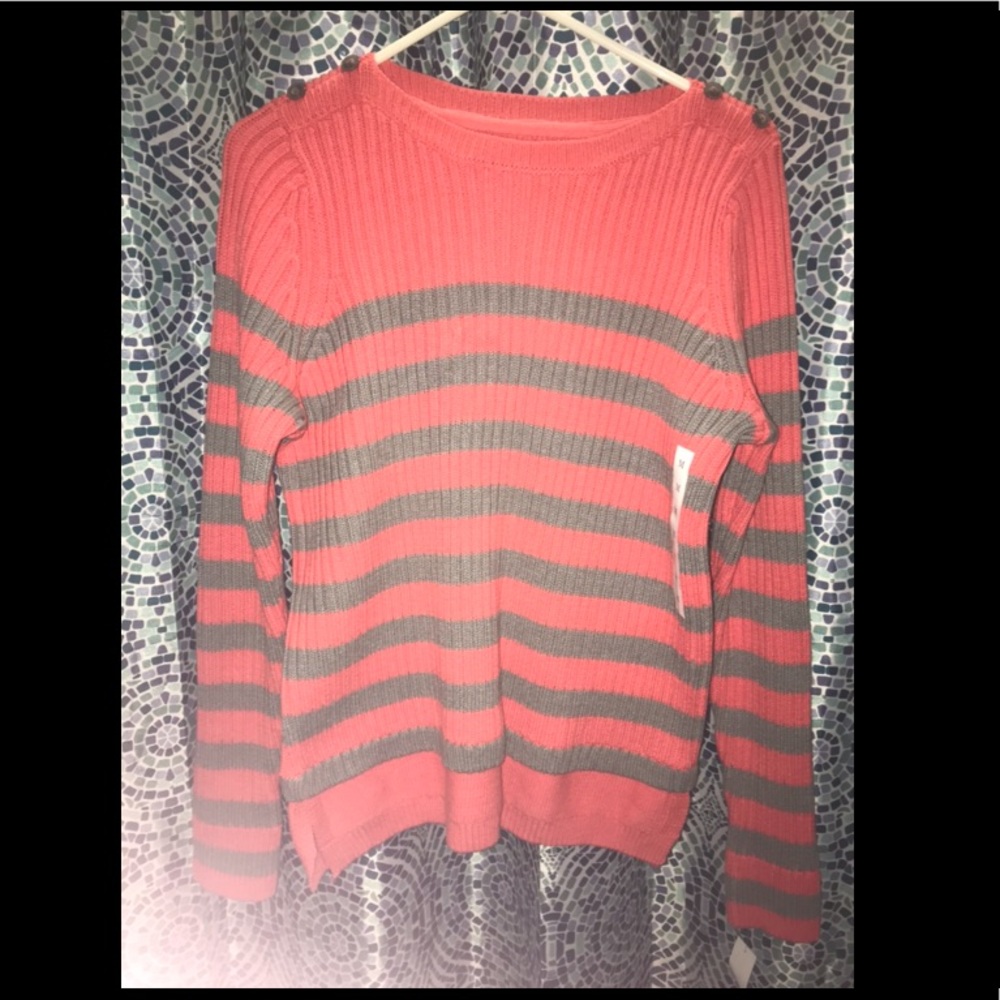 Pink and grey horizontal striped sweater